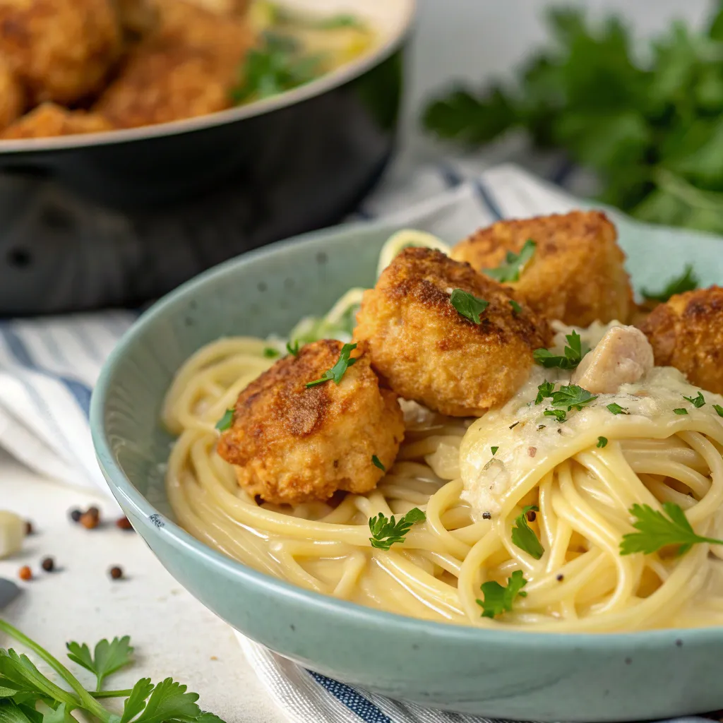 Close-up of garlic butter chicken bites served over creamy parmesan pasta.