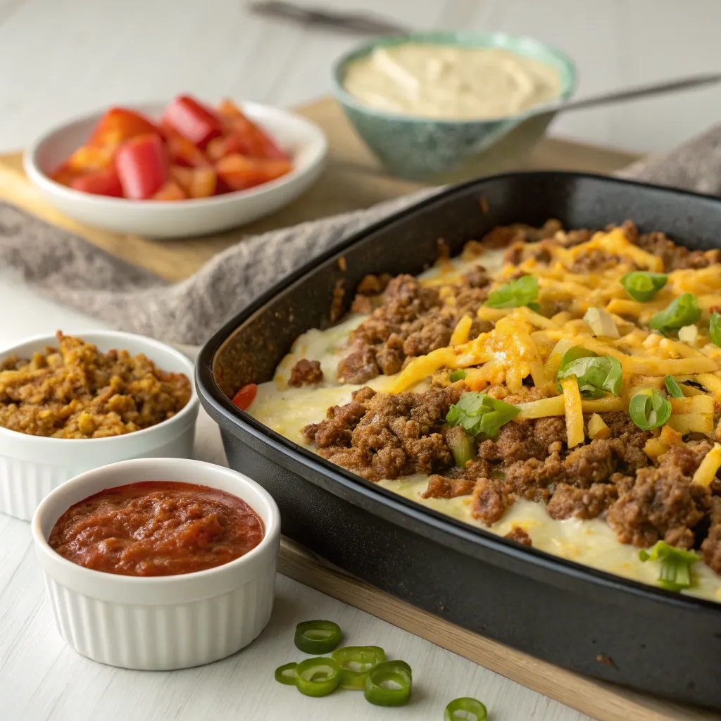 Close-up of a cheesy, meaty casserole with strings of melted cheese being lifted out.