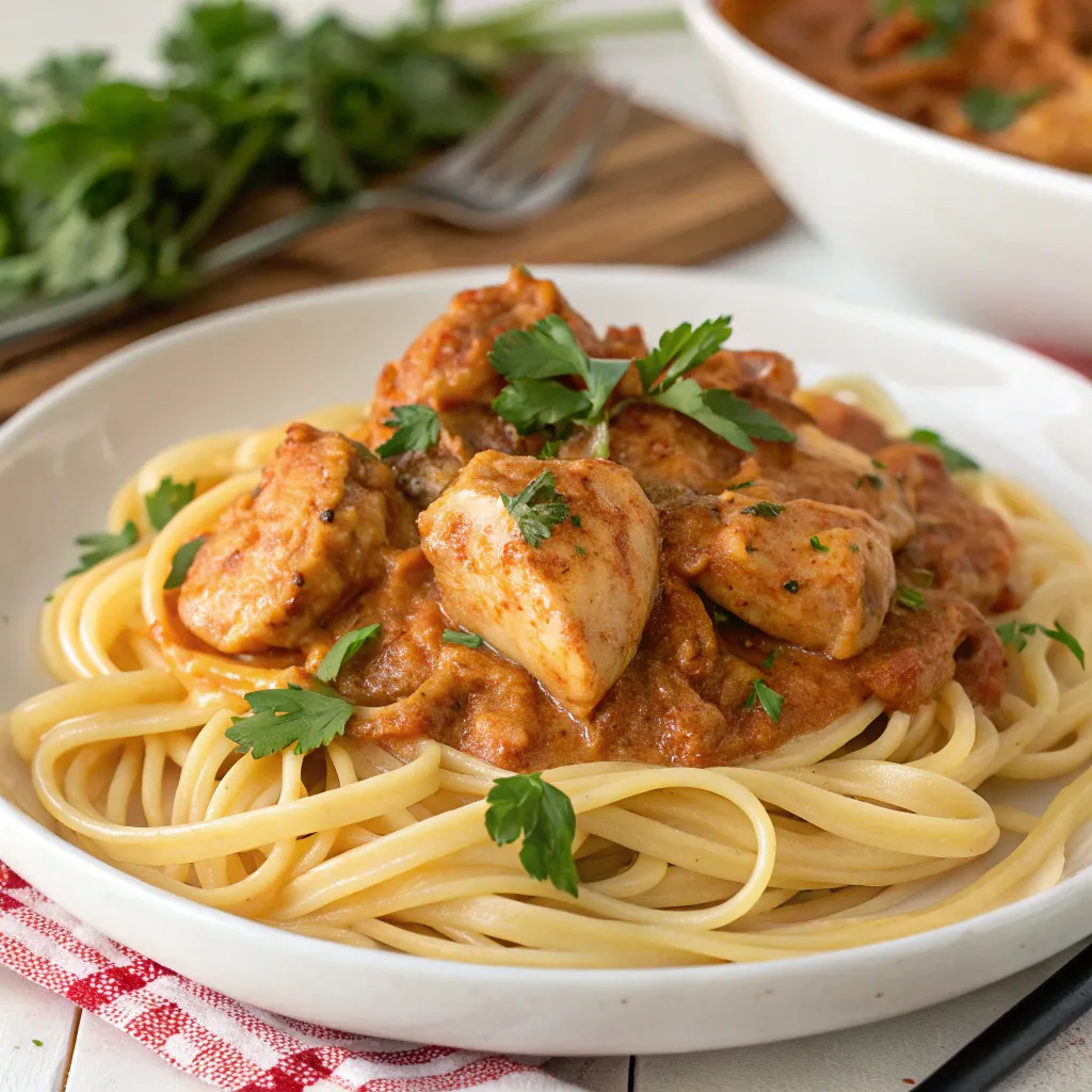 Creamy Cowboy Butter Chicken Linguine pasta dish in a white bowl, garnished with fresh parsley.