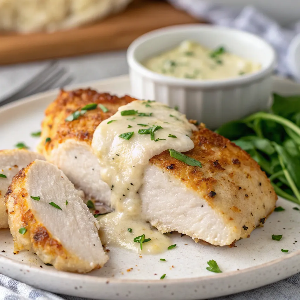 Close-up of creamy, golden-brown baked chicken breasts, topped with herbs.