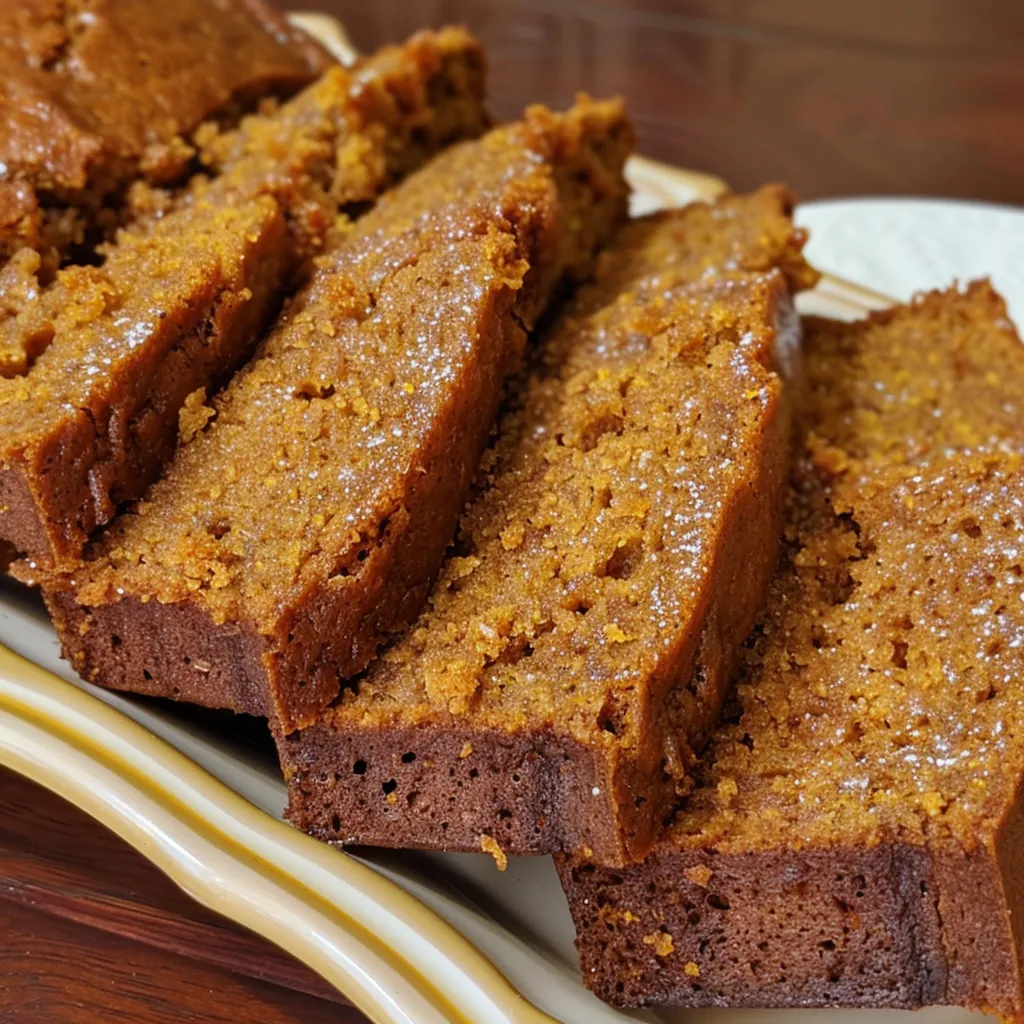 Close-up of slices of incredibly moist pumpkin bread.