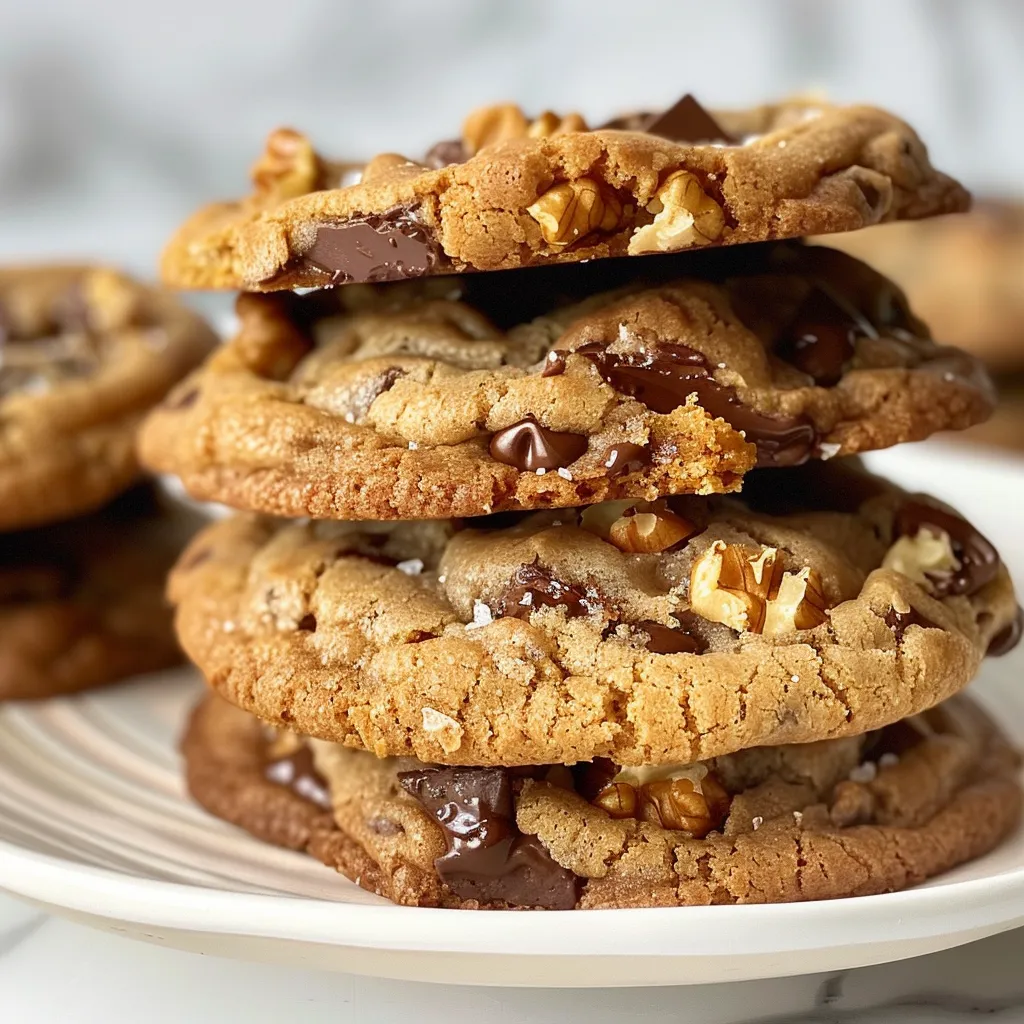Close-up of three gooey, chocolate-chip walnut cookies stacked on a plate.