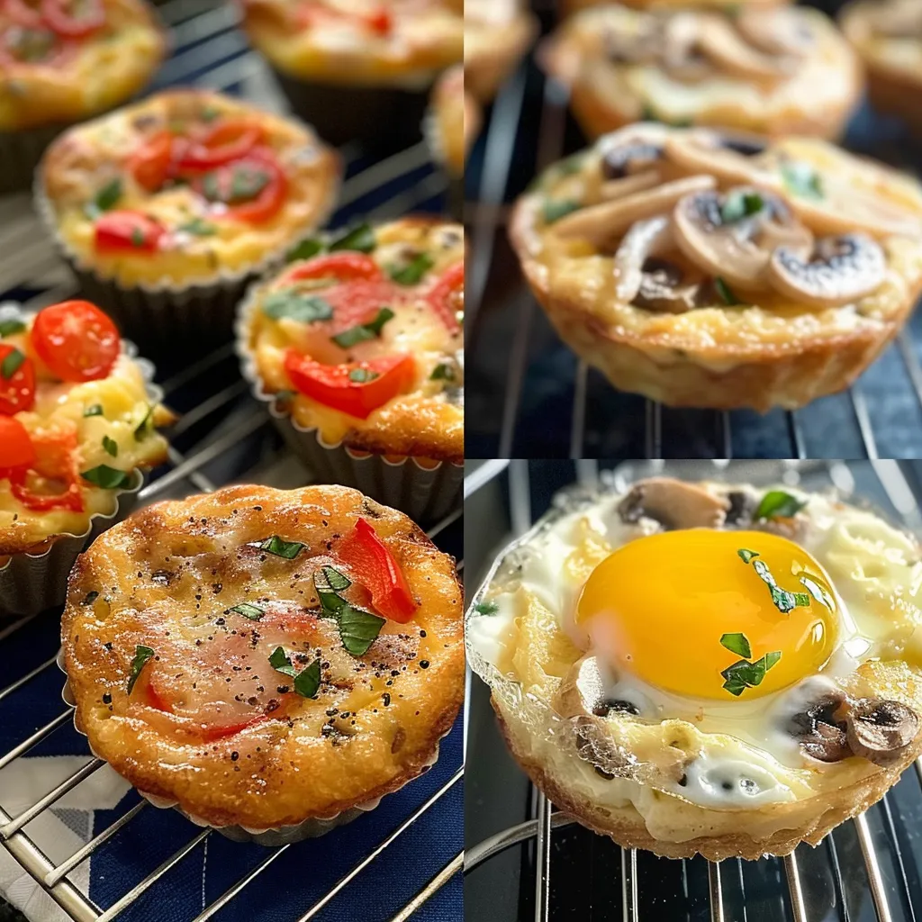 A collage of various breakfast foods, including egg muffins, breakfast sandwiches, and other baked goods.
