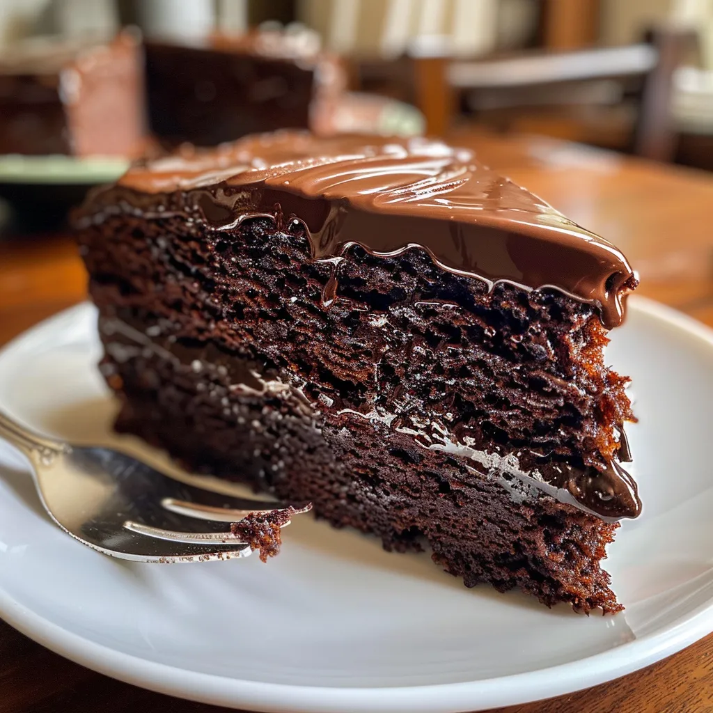 Close-up of a moist and fudgy chocolate cake slice with chocolate frosting.