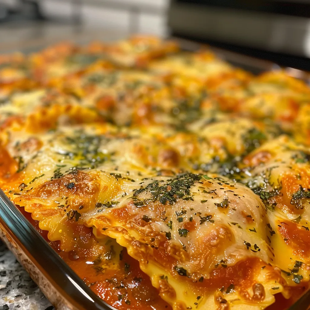 Creamy, cheesy ravioli casserole in a baking dish, a spoonful being lifted to show the stringy cheese.