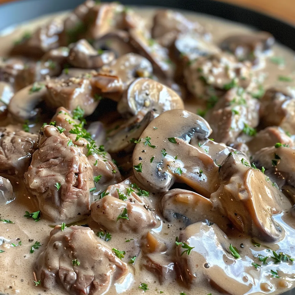 Overhead shot of a skillet filled with creamy beef stroganoff, garnished with fresh parsley.