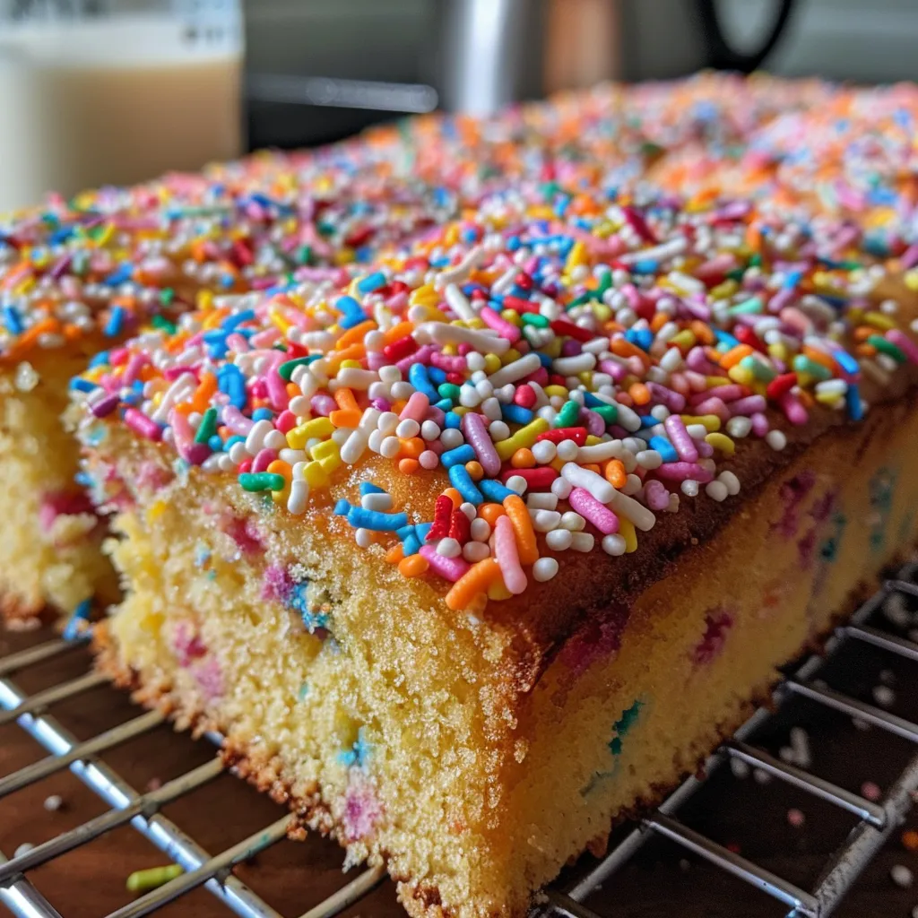 Tray of sliced sprinkle sponge cake.