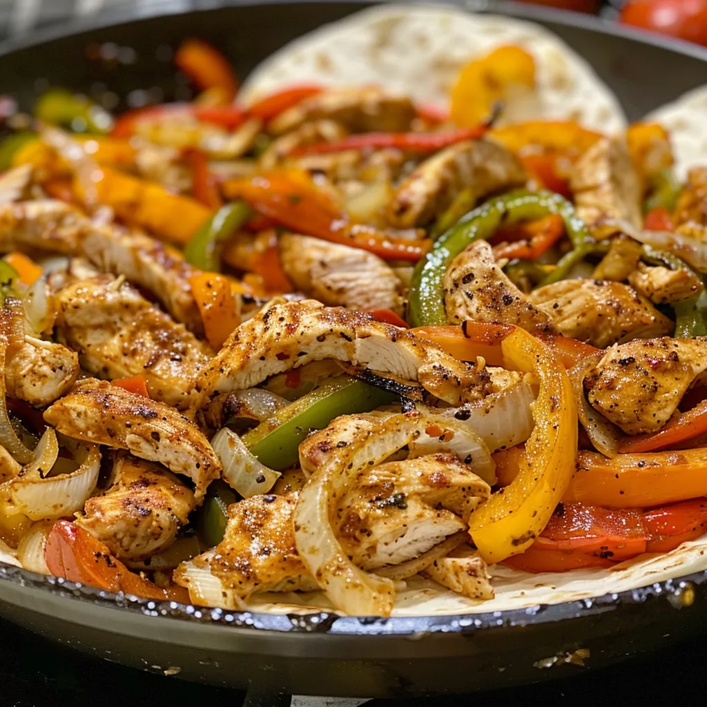 Close-up of a delicious one-pan chicken fajita pizza topped with shredded chicken, red onions, cilantro, and a flavorful sauce.