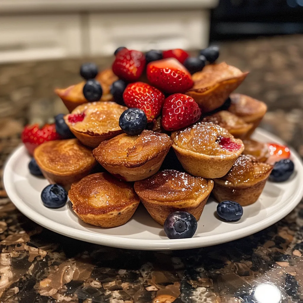 Close-up overhead shot of a variety of mini pancake muffins, including chocolate chip, strawberry, and mixed berry.