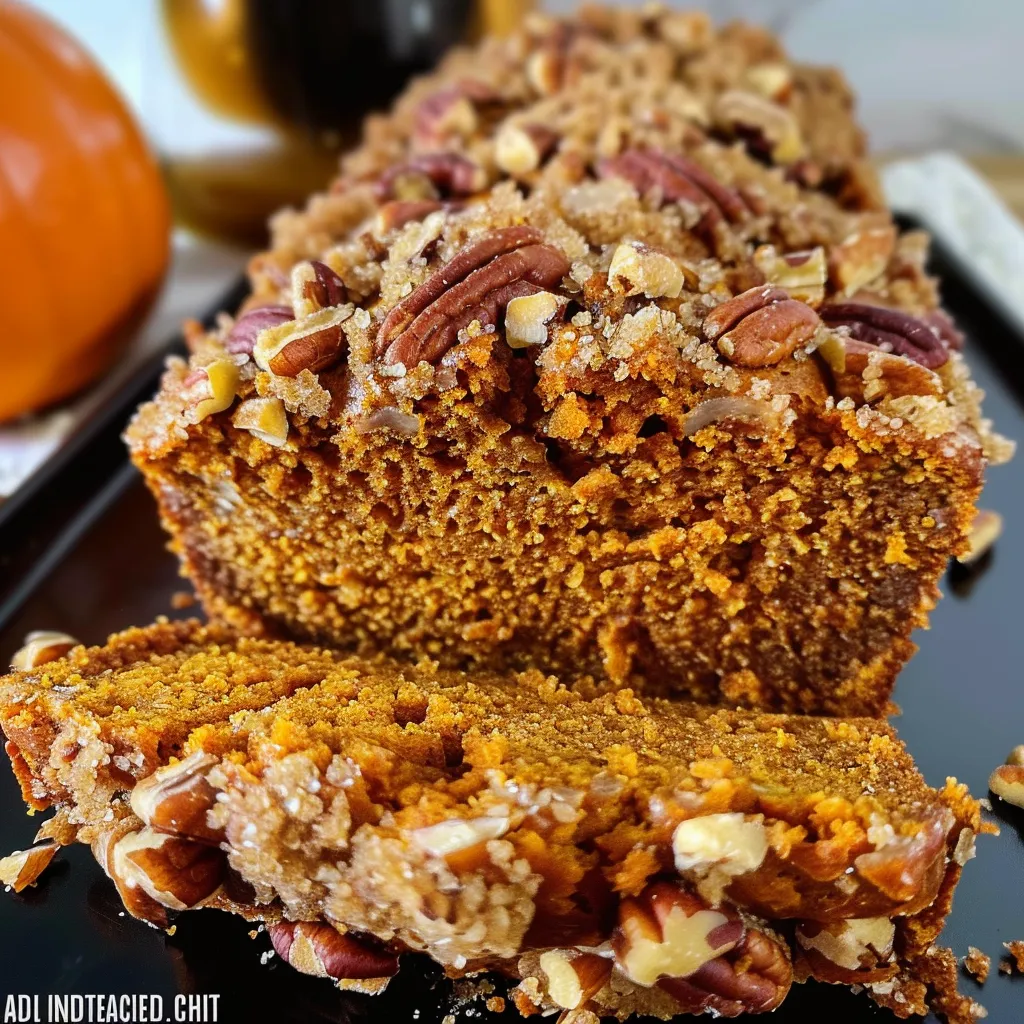 Slices of pumpkin bread topped with a brown sugar pecan crumble.