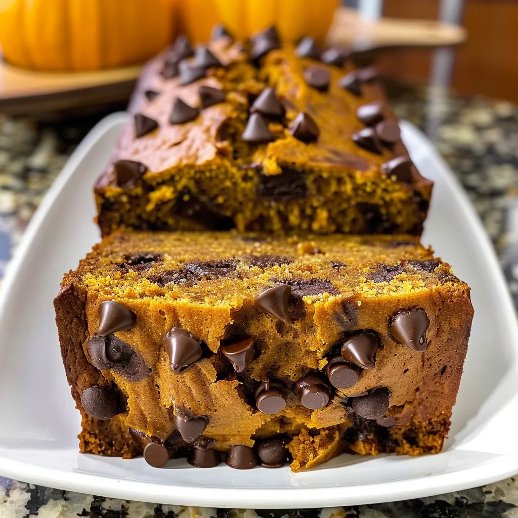 Slices of pumpkin chocolate chip bread on a white wooden board.