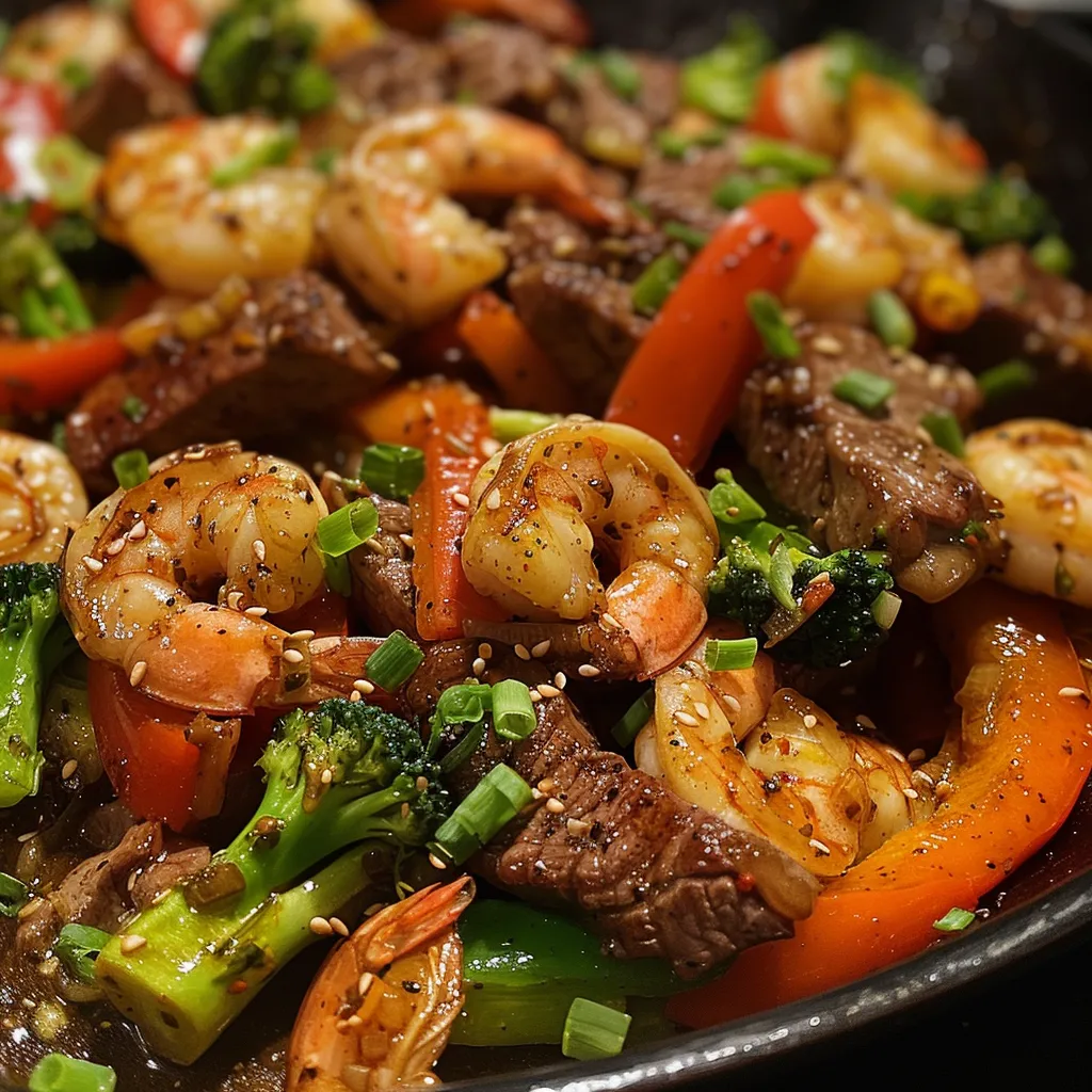 Close-up of a delicious steak and shrimp stir-fry with colorful vegetables.