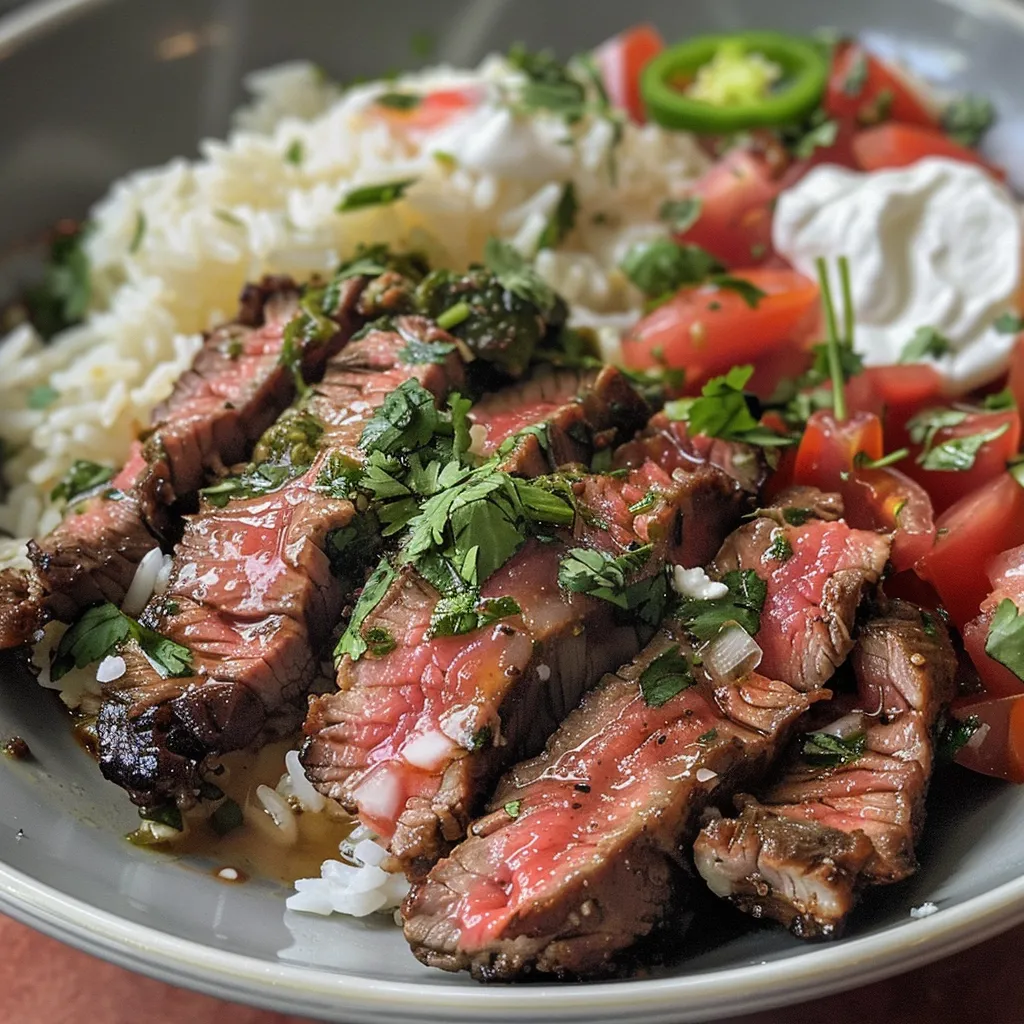 A close-up of a bowl of steak queso rice, showing seasoned rice topped with sliced steak and melted cheese.