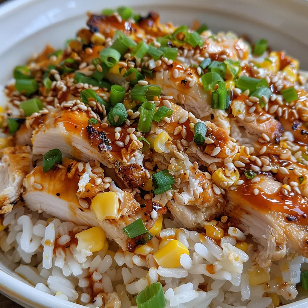 Close-up of a delicious street corn chicken rice bowl with grilled chicken, corn, cilantro, and a creamy sauce.