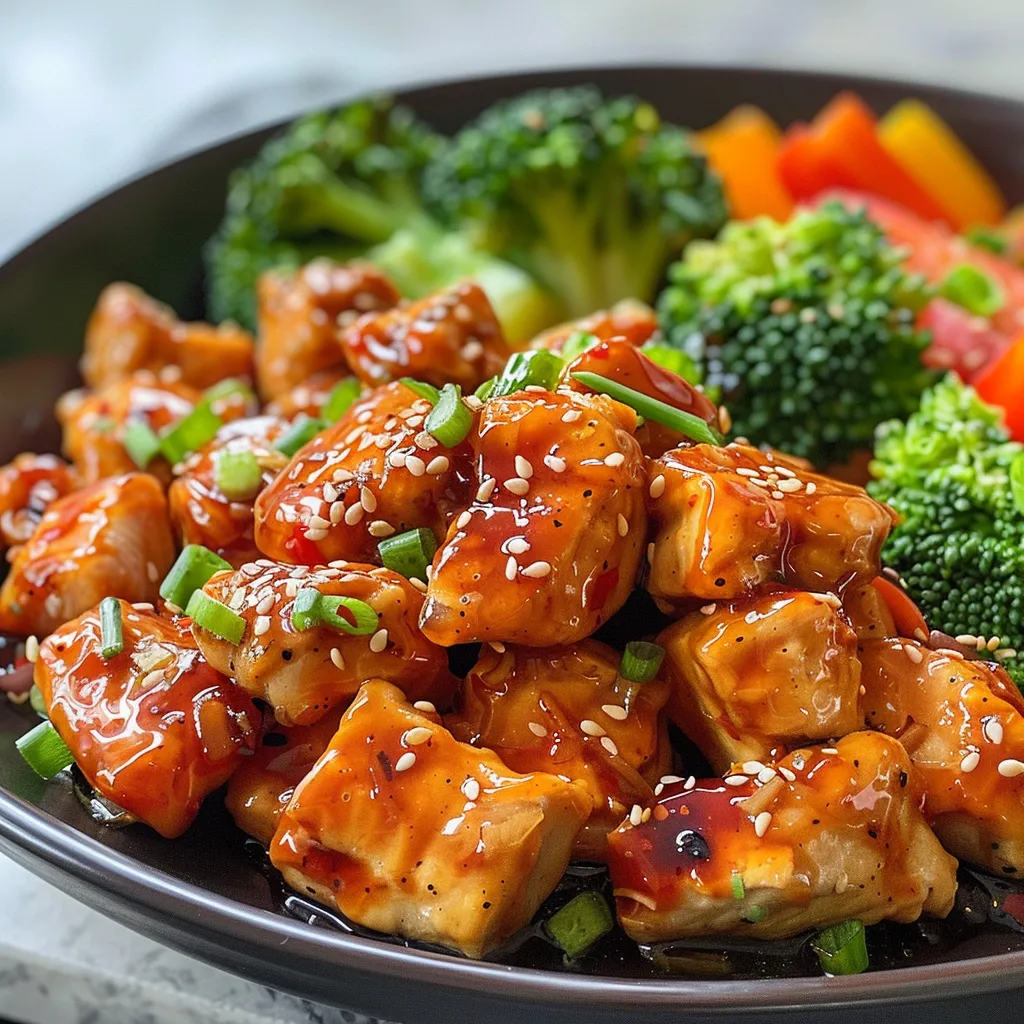 Sweet chili chicken pieces served over a bed of white rice, garnished with green onions and sesame seeds.
