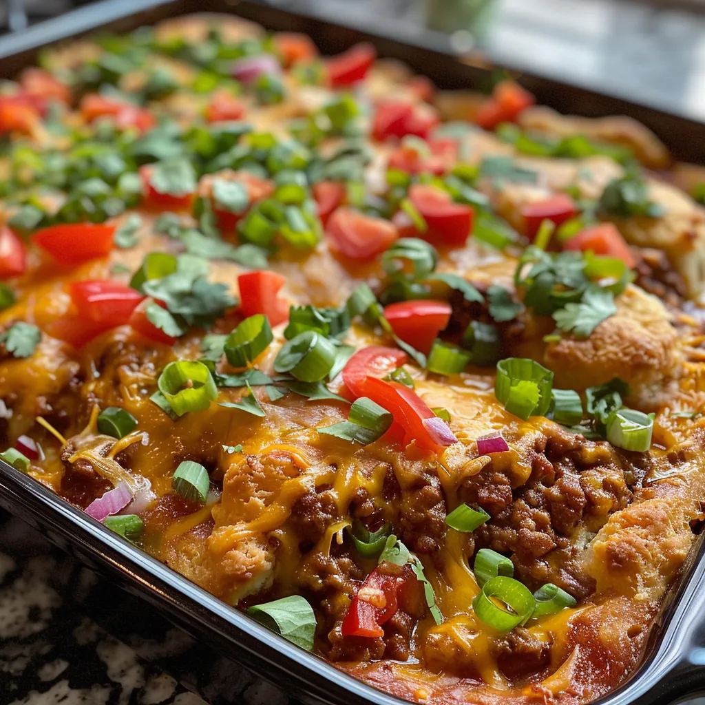 Close-up of a bubbly taco casserole with ground beef, bell peppers, onions, and cheese.