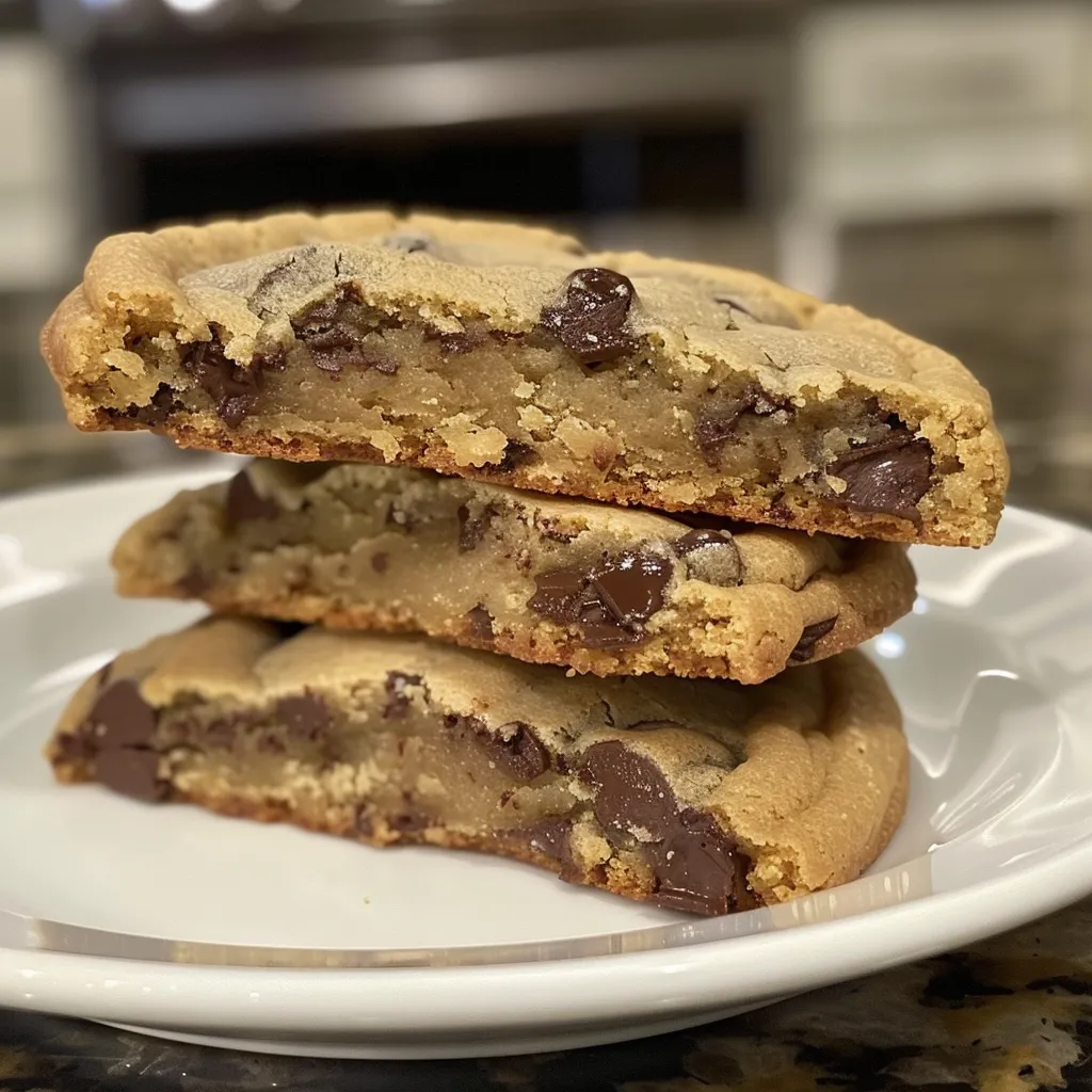 Close-up of a baking sheet with freshly baked chocolate chip cookies.