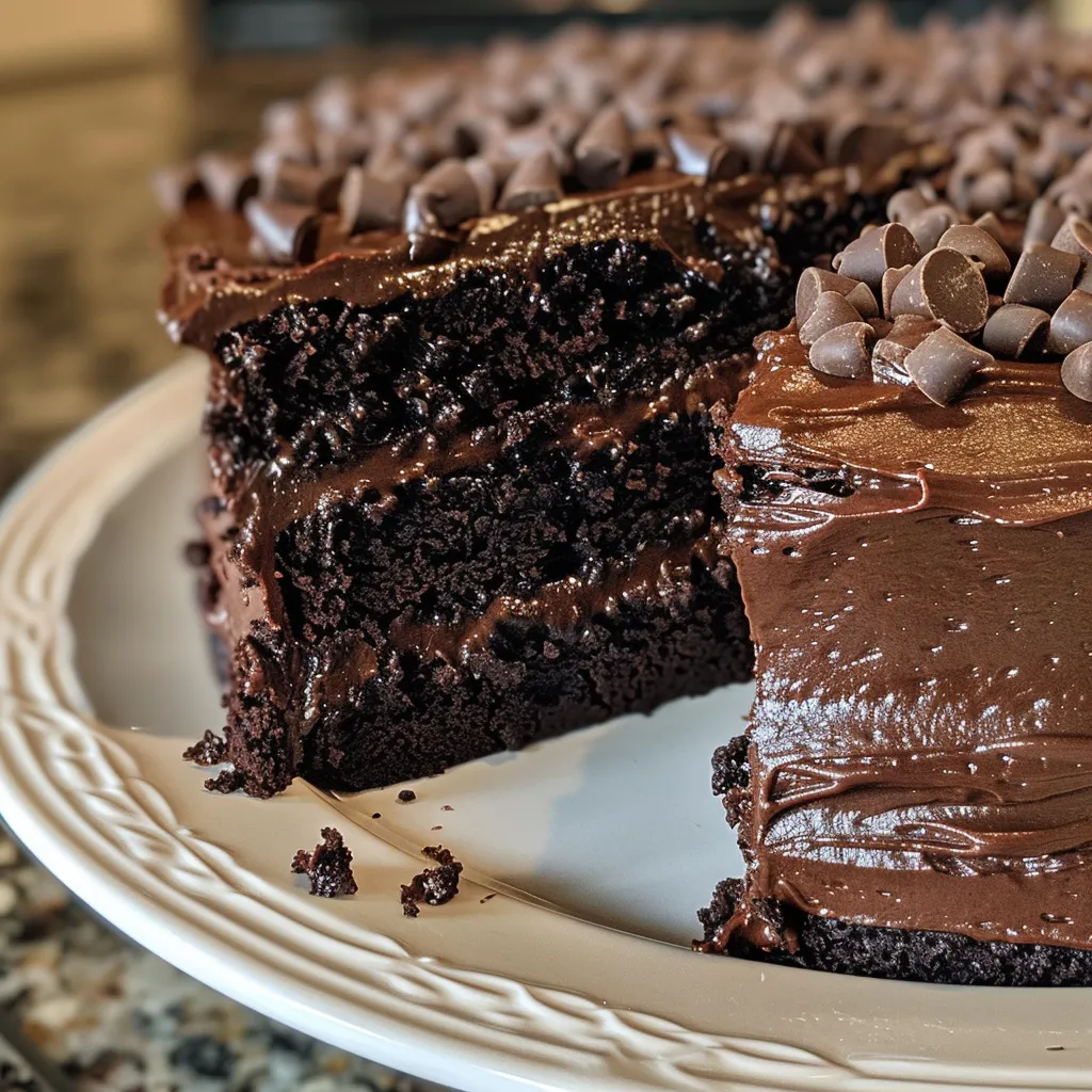 A decadent slice of Ultimate Chocolate Indulgence Cake, layered with rich chocolate frosting and topped with chocolate chips.