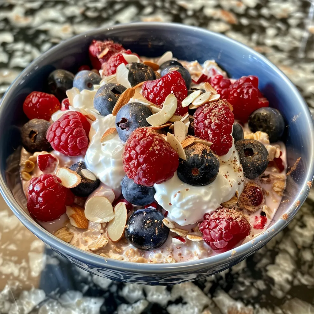A glass of creamy overnight oats topped with fresh strawberries, blueberries, and sliced almonds.