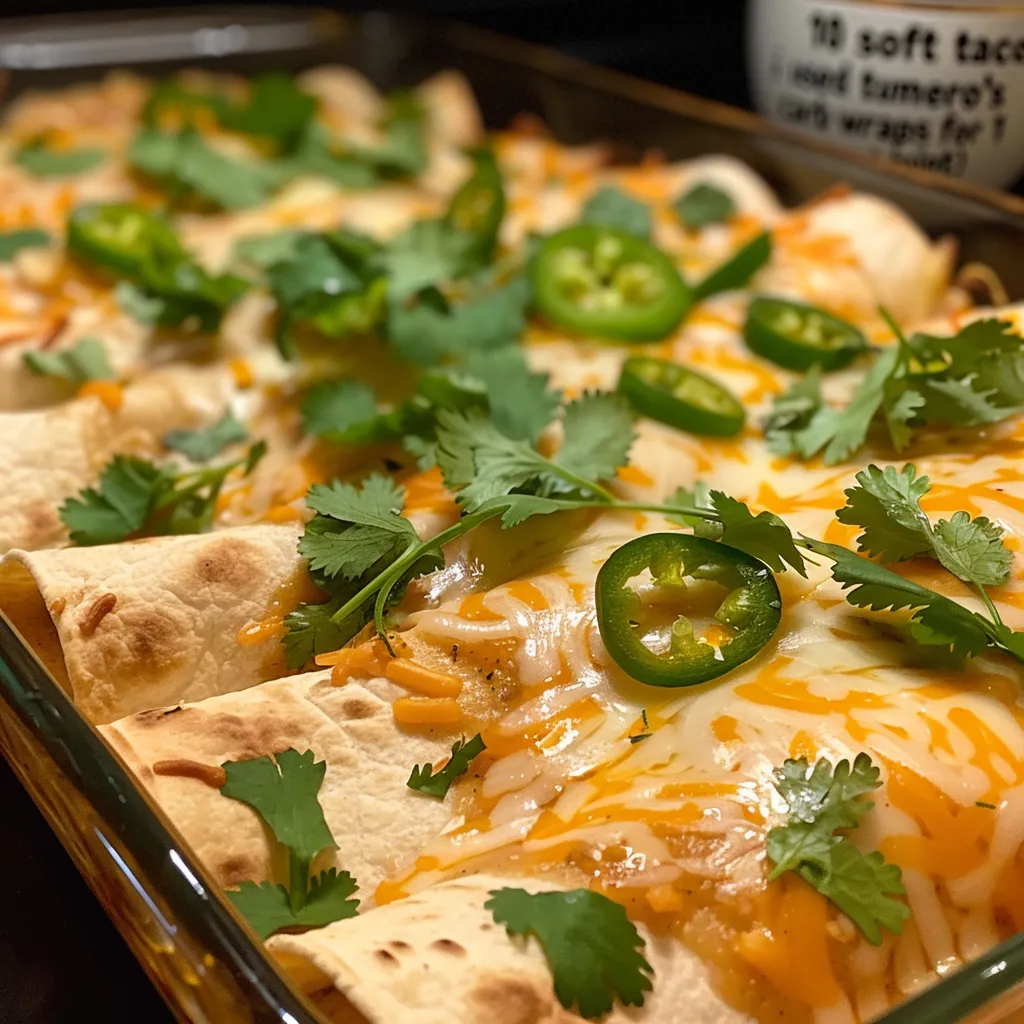 A baking dish of cheesy white chicken enchiladas, topped with parsley and pepper.