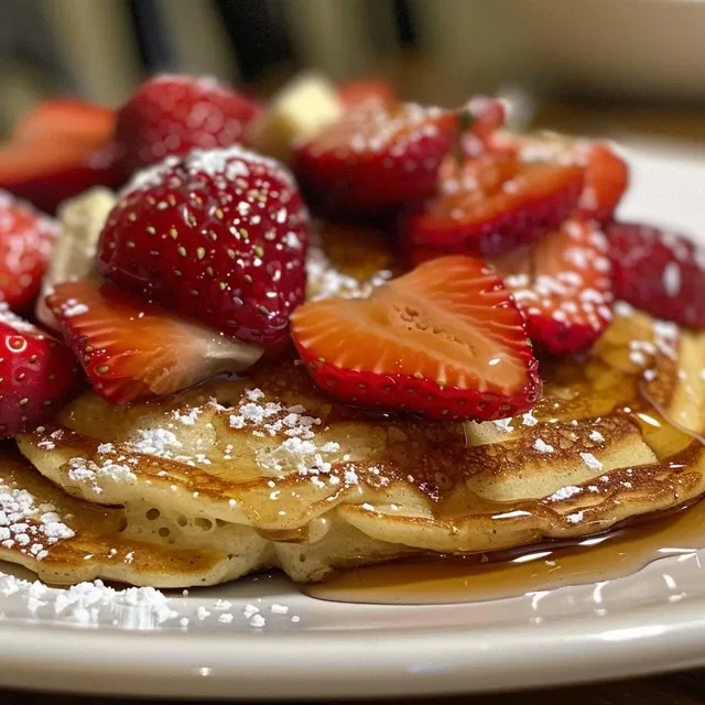 Delicious stack of fluffy pancakes topped with fresh strawberries and honey.