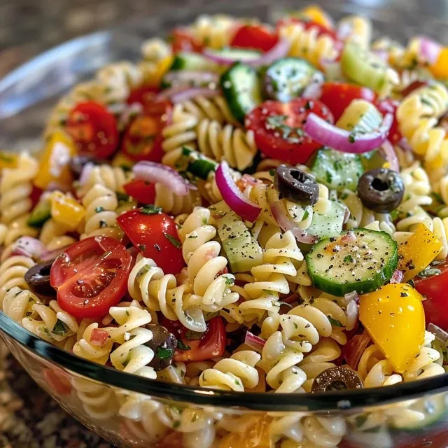 Close-up of a vibrant pasta salad with rotini pasta, cherry tomatoes, cucumbers, olives, and fresh basil.