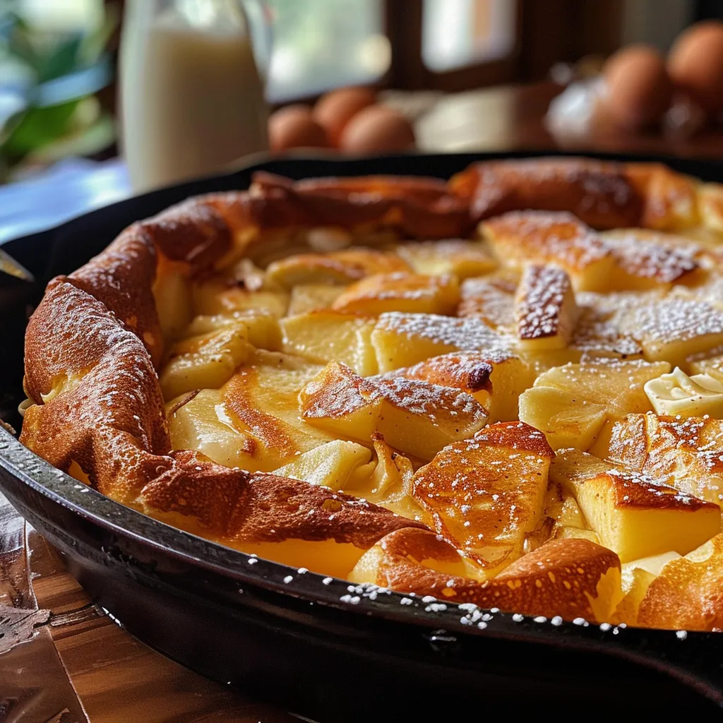 A delicious apple pie Dutch baby pancake topped with vanilla ice cream and caramel sauce.