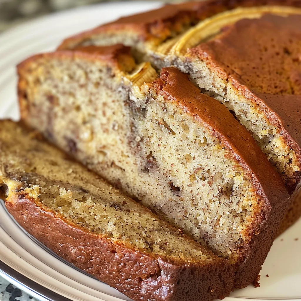 Delicious loaf of butter-free banana bread, sliced on a rustic wooden board, surrounded by baking ingredients.