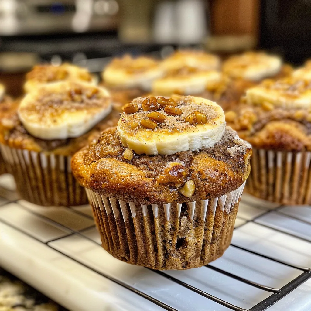 Bowl of banana muffins topped with a cream cheese swirl, next to a bunch of bananas and pecans.