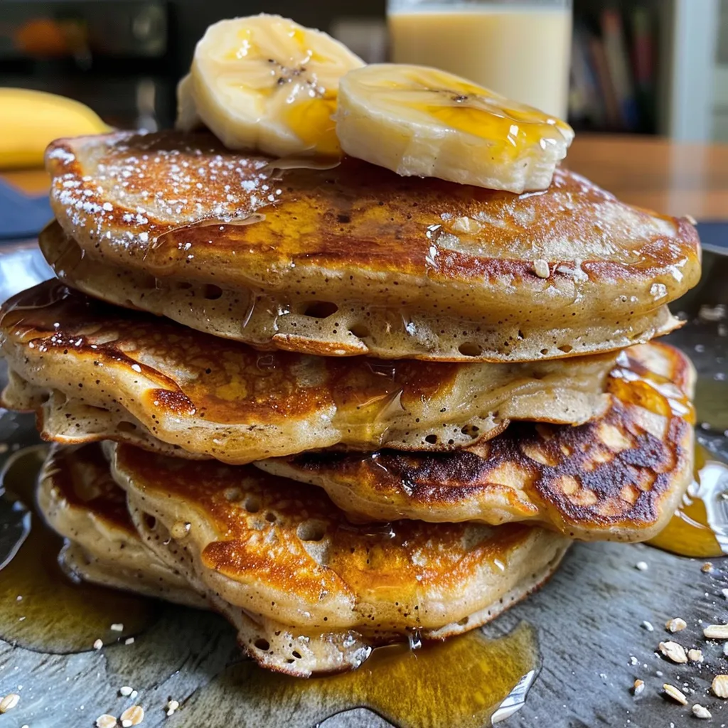 Stack of three-ingredient banana pancakes topped with butter and powdered sugar on a plate.