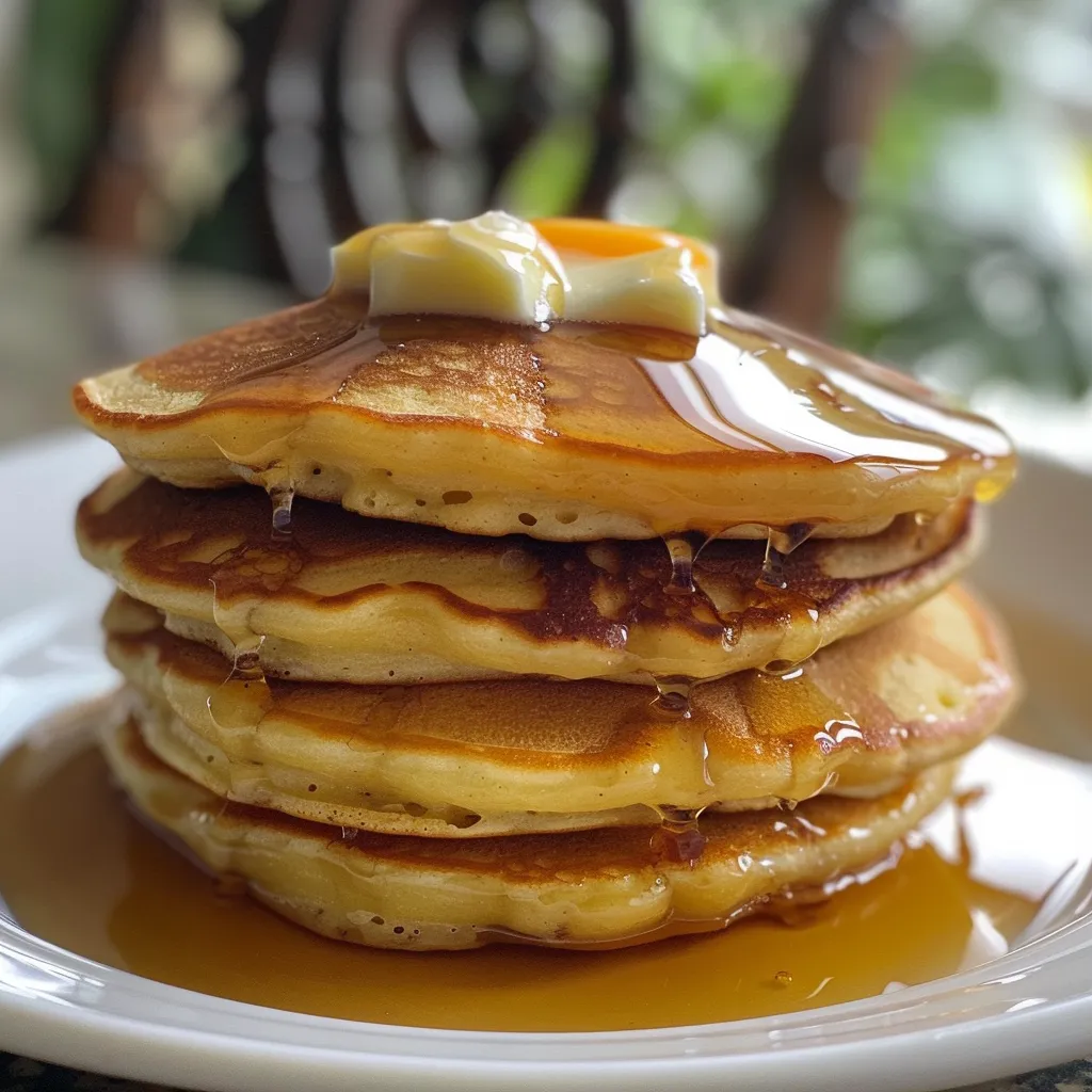A stack of golden-brown pancakes topped with strawberries, whipped cream, and maple syrup.