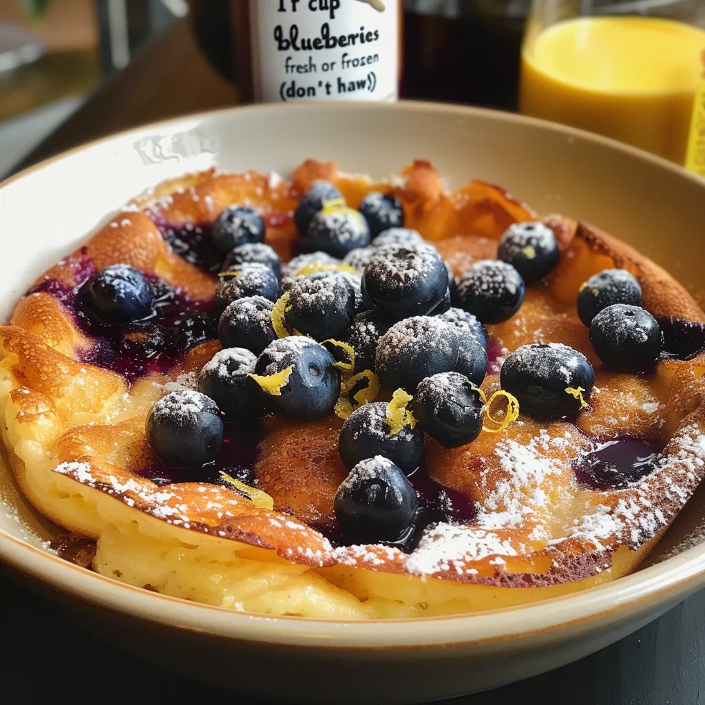 A delicious blueberry lemon Dutch baby pancake, dusted with powdered sugar, sits on a plate with a scenic mountain view in the background.