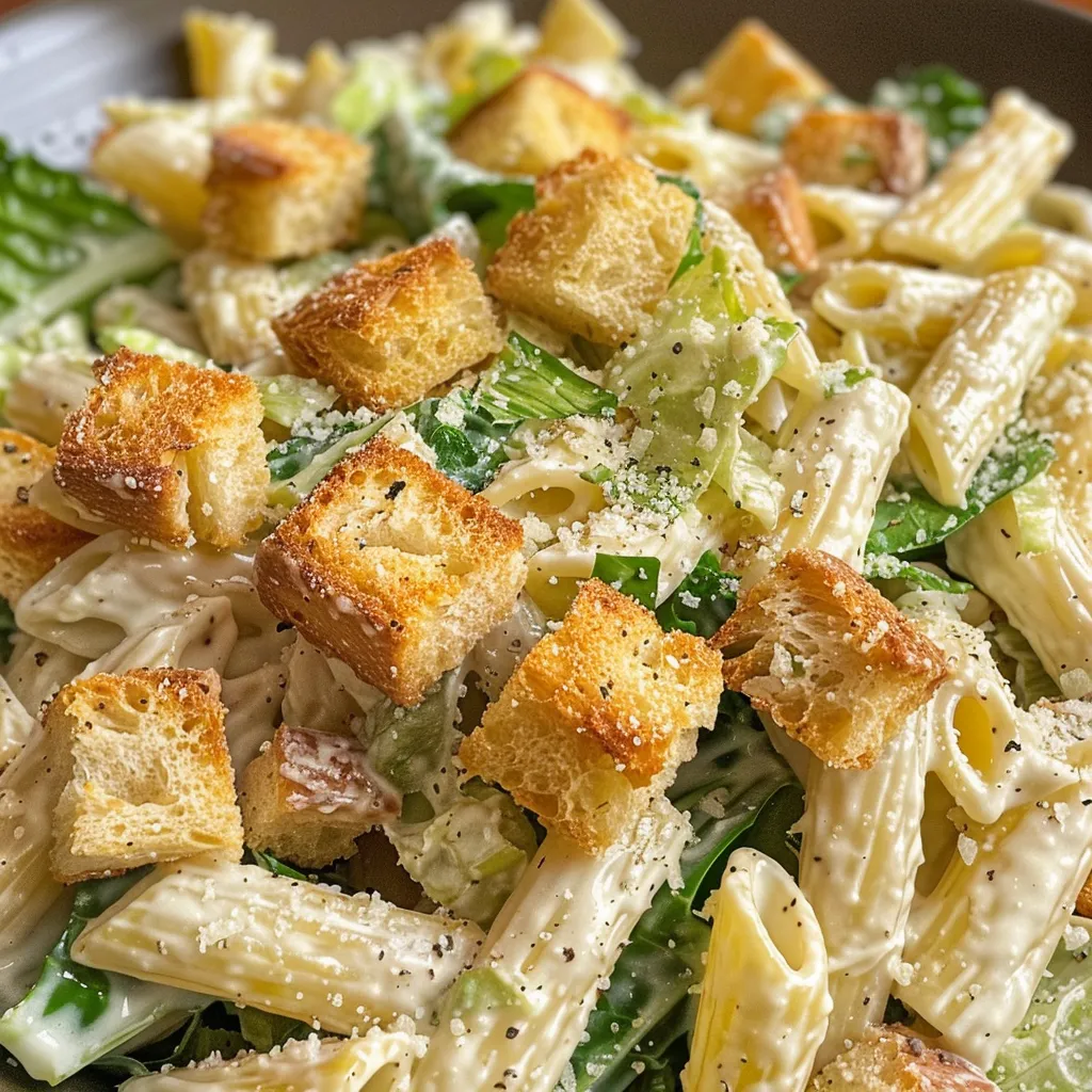 A bowl of Caesar pasta salad with creamy dressing, croutons, and romaine lettuce.