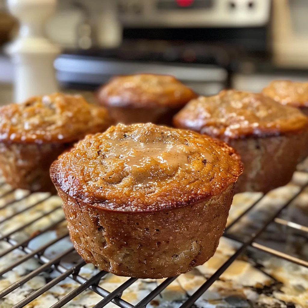 Close-up of delicious cinnamon banana bread muffins sprinkled with sugar, resting on a wire rack.