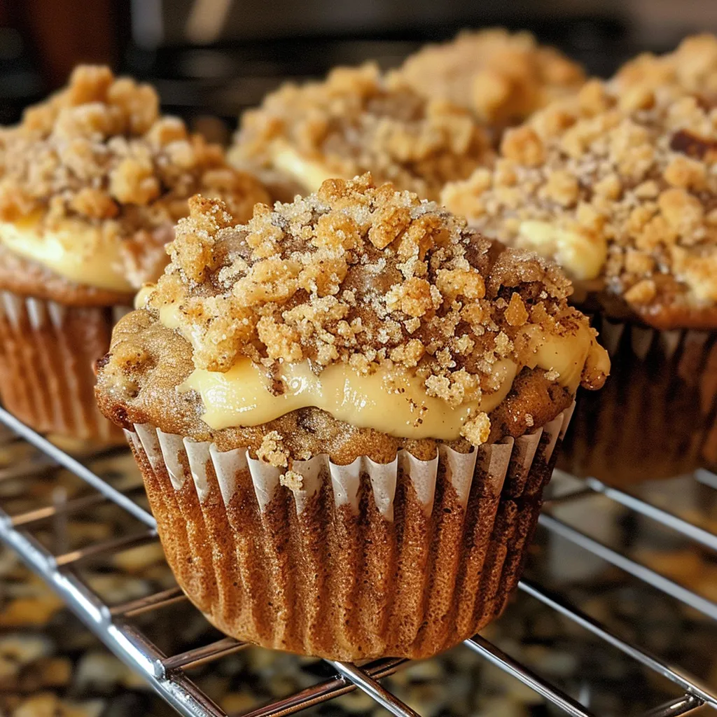 Delicious coffee cake banana bread muffins with a crumb topping, one muffin is broken to show the inside.