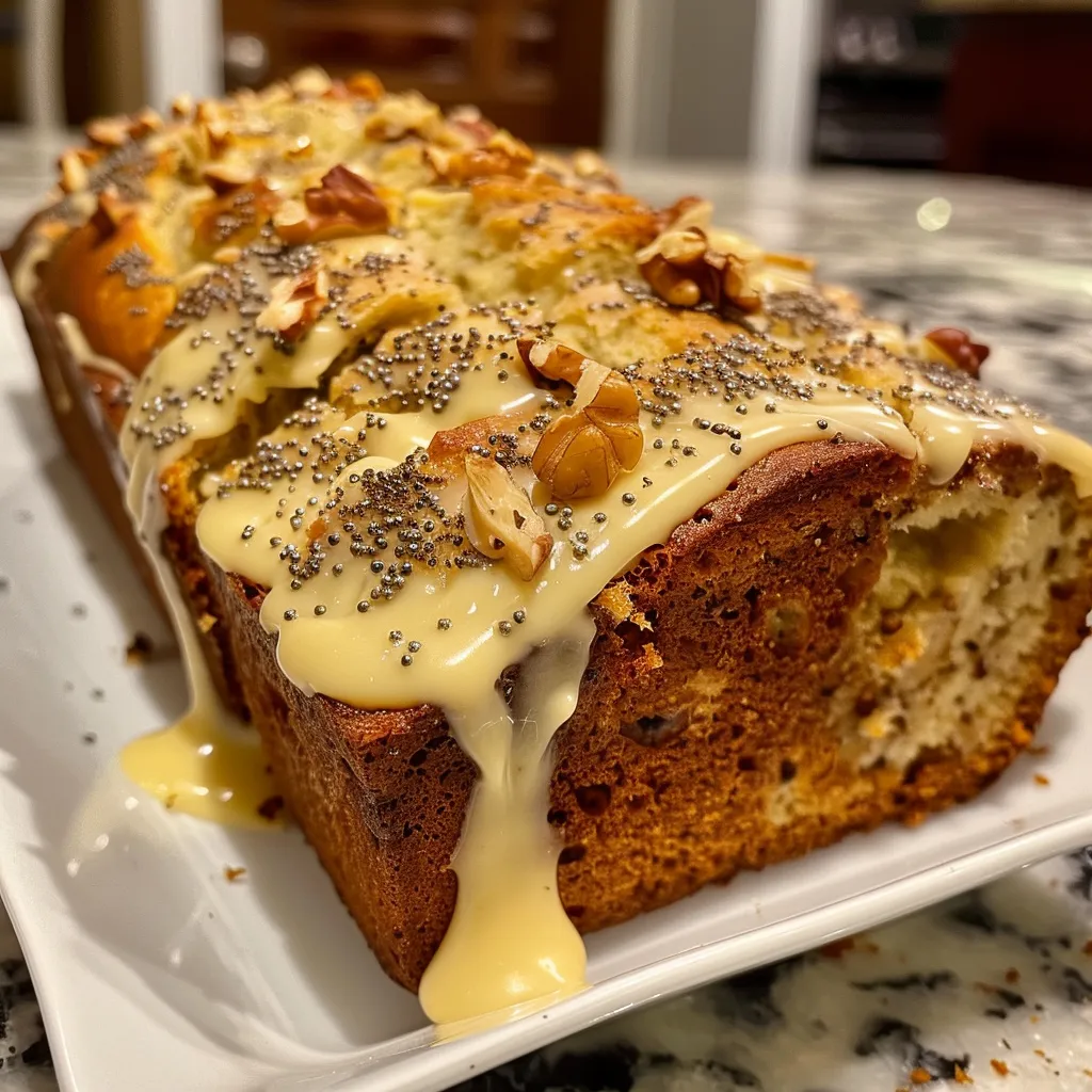 Slices of moist banana bread with walnuts on a wooden board.