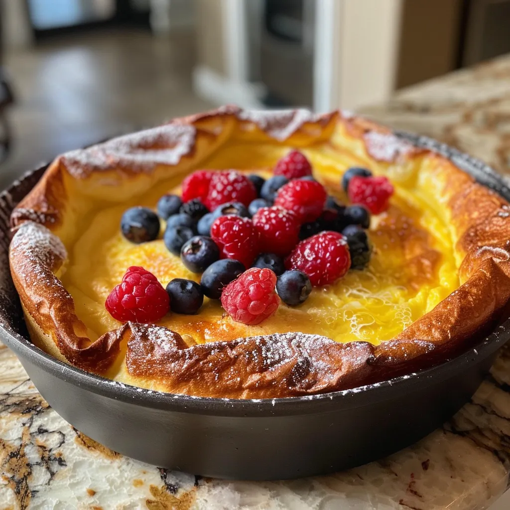 A Dutch baby pancake topped with fresh raspberries and blueberries and dusted with powdered sugar.