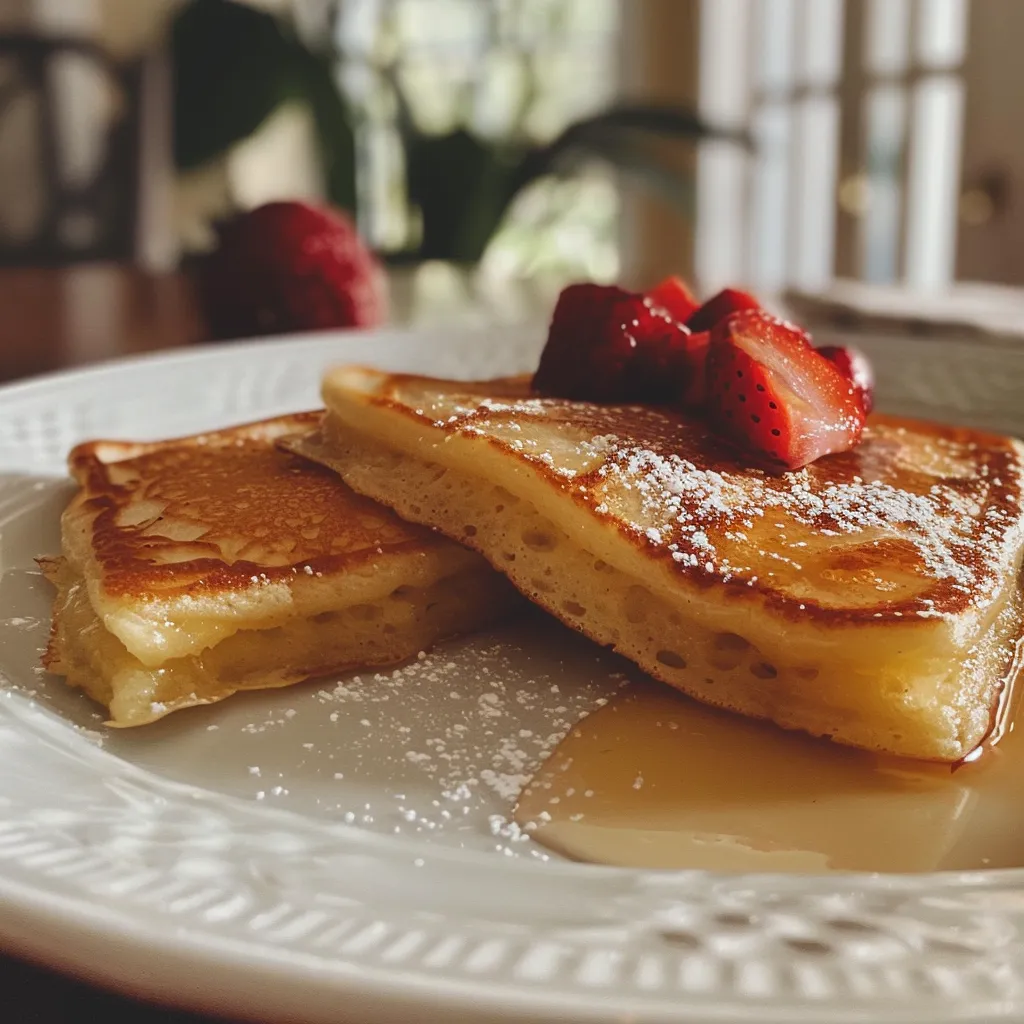 Close-up of a Dutch baby pancake topped with fresh raspberries, powdered sugar, and syrup.