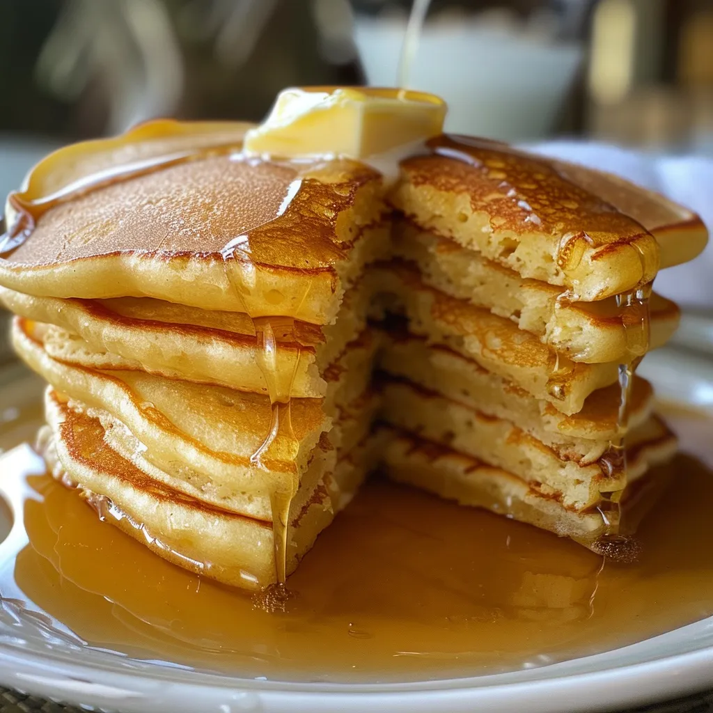 A stack of fluffy pancakes drizzled with syrup and topped with butter.