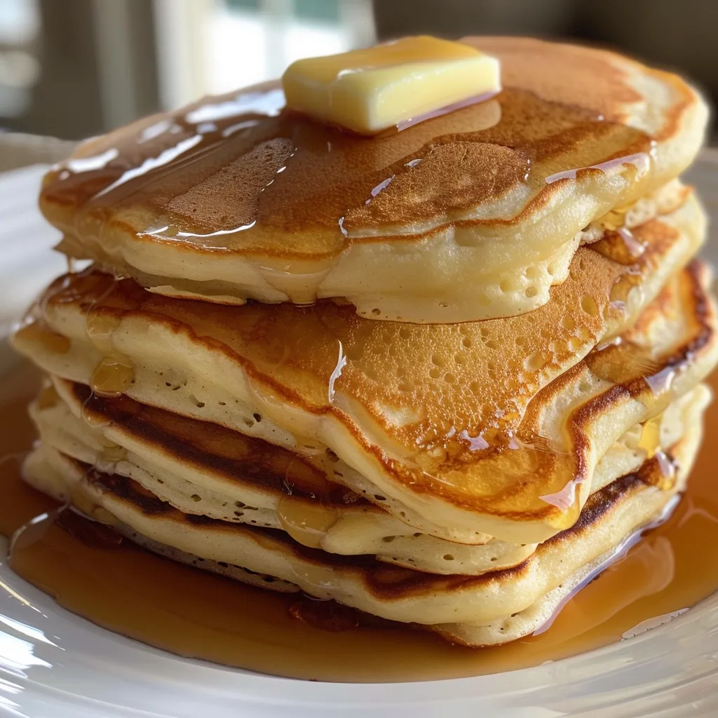 A stack of fluffy pancakes topped with fresh berries, butter, and maple syrup.