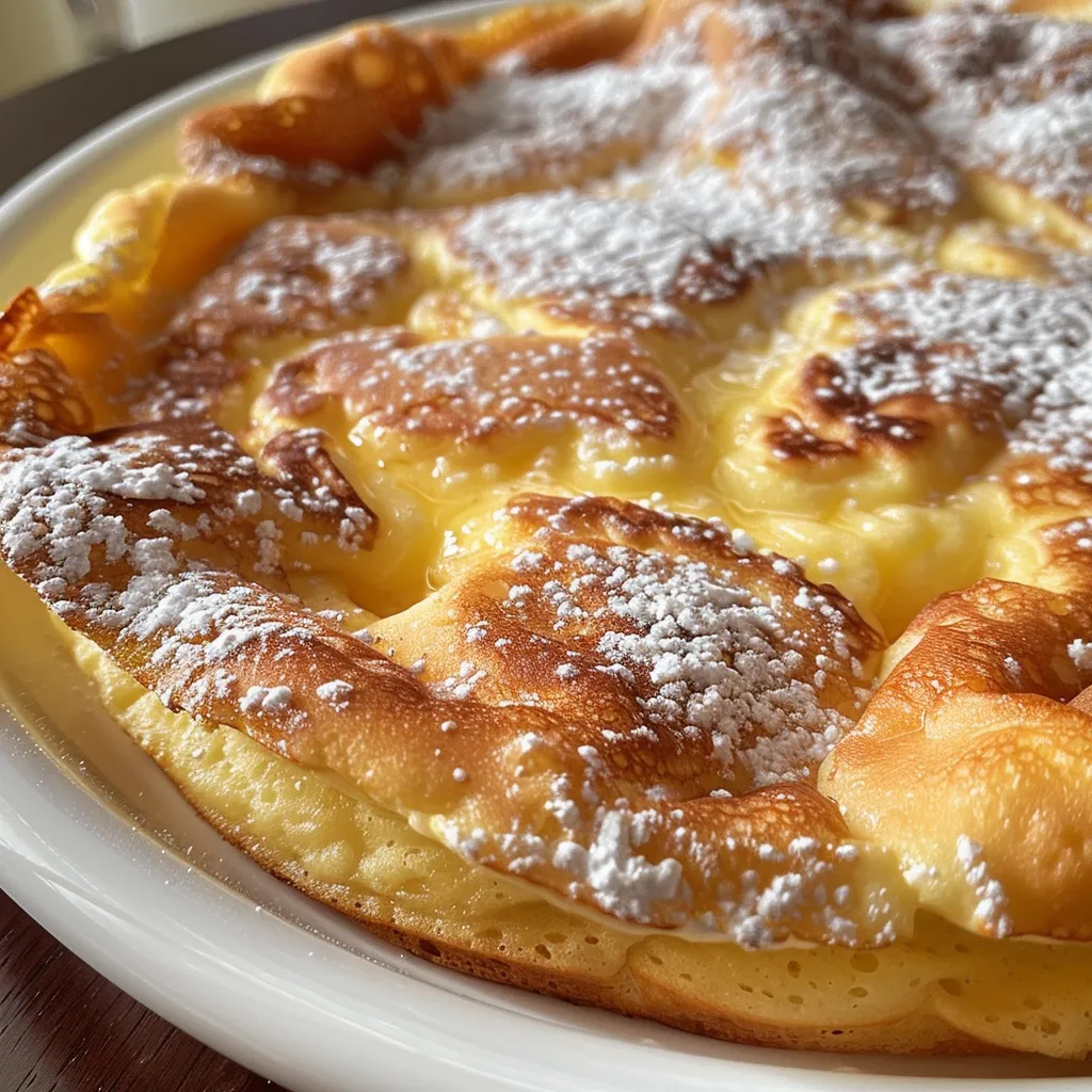 A fluffy German pancake, or Dutch baby, topped with fresh raspberries and blackberries and dusted with powdered sugar.