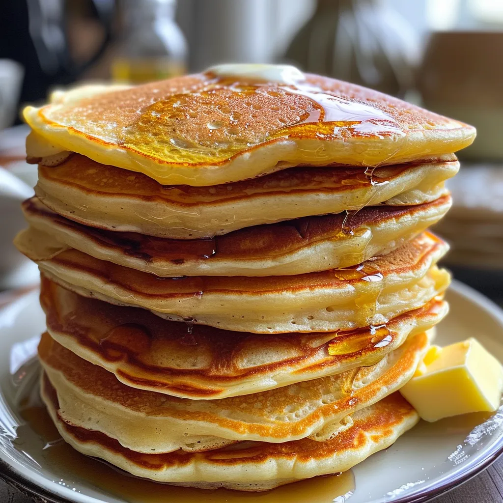 A delicious stack of fluffy pancakes drizzled with syrup and topped with fresh berries.