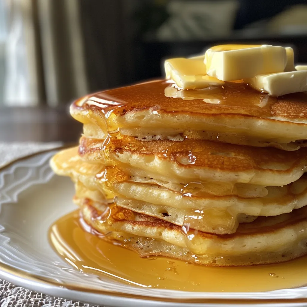 A stack of golden brown pancakes topped with a pat of butter on a plate.