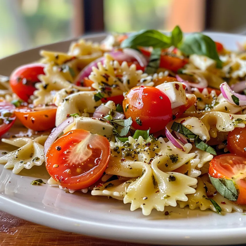 A bowl of farfalle pasta salad with cherry tomatoes, mozzarella balls, and basil.