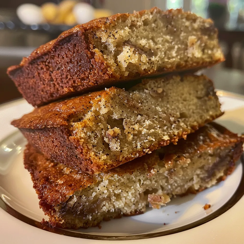 Delicious moist banana bread cake topped with sliced bananas, walnuts, and a creamy frosting.