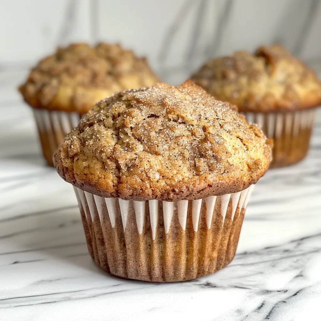 A delicious moist coffee cake banana bread muffin with a bite taken out, showing the moist crumb inside and a crunchy cinnamon-sugar topping.