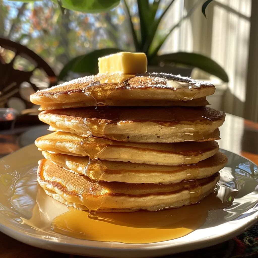 A stack of golden brown pancakes drizzled with syrup and topped with butter on a dark plate.