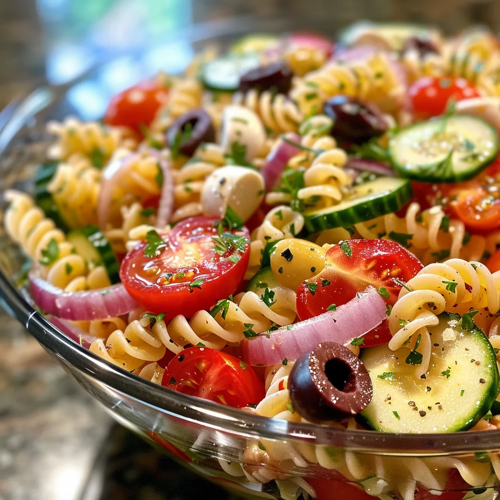 Close-up of a vibrant pasta salad with rotini pasta, cherry tomatoes, cucumbers, red onion, olives, and mozzarella balls, tossed in Italian dressing.