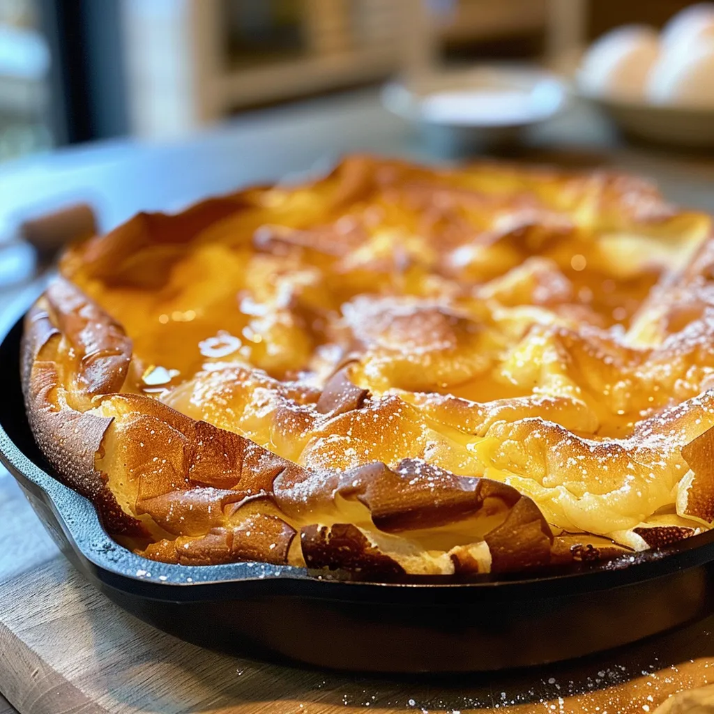 A slice of sourdough Dutch baby pancake topped with whipped cream and drizzled with syrup, served on a plate with the rest of the pancake in a cast iron skillet in the background.