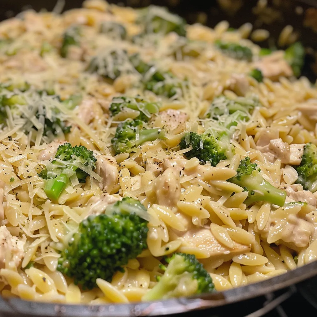 Creamy cheesy chicken and broccoli orzo pasta in a bowl.